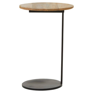 Natural Round Wooden Top C-Shaped Side Table Black Metal Base