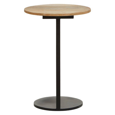 Natural Round Wooden Top C-Shaped Side Table Black Metal Base