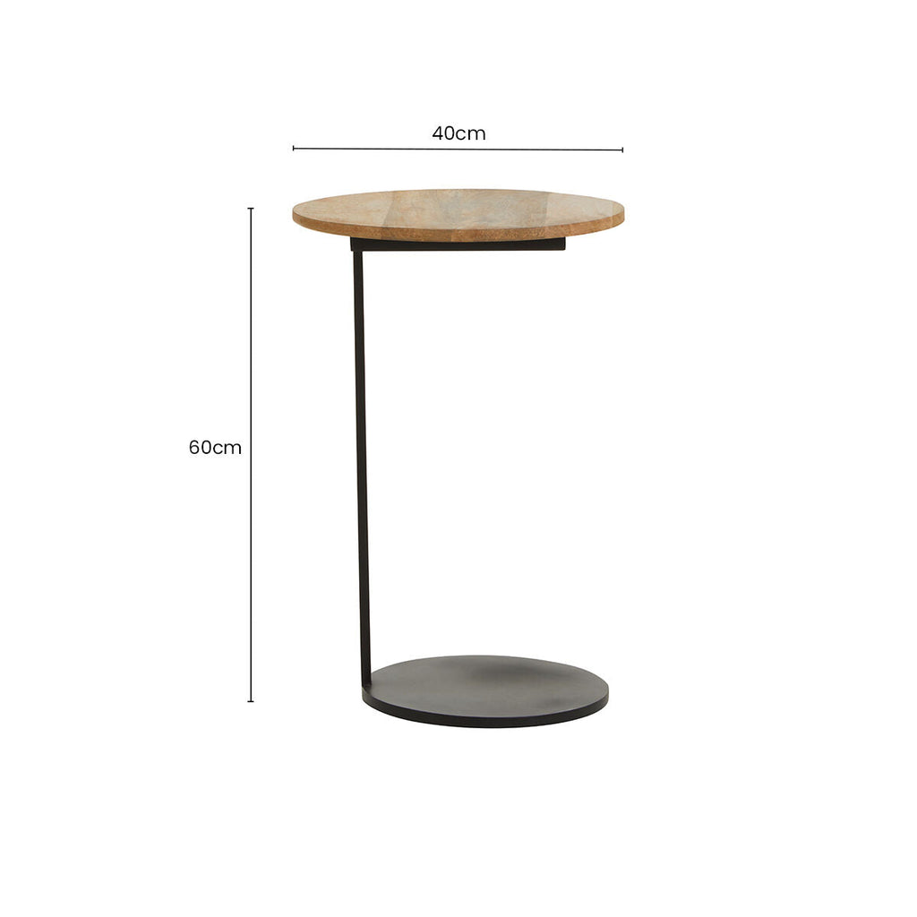 Natural Round Wooden Top C-Shaped Side Table Black Metal Base
