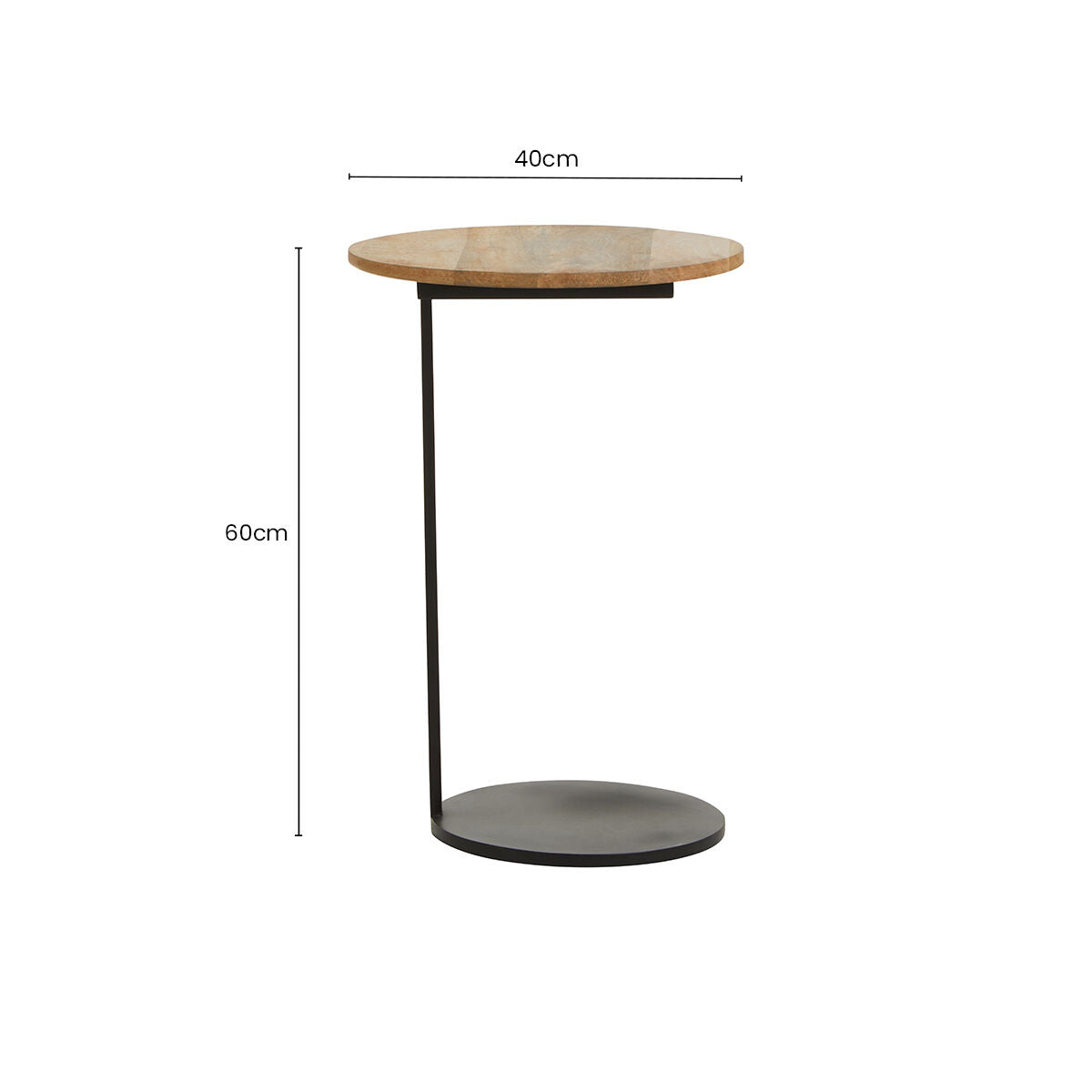 Natural Round Wooden Top C-Shaped Side Table Black Metal Base