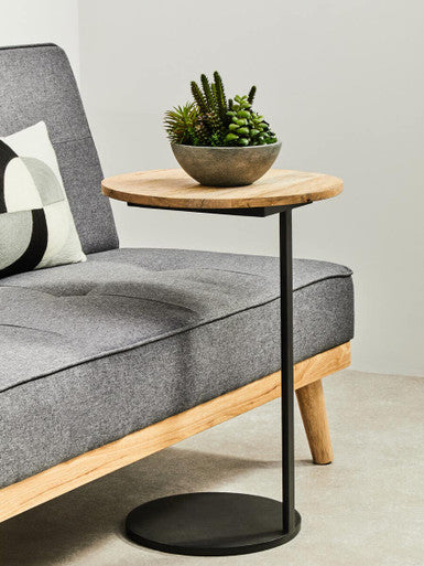 Natural Round Wooden Top C-Shaped Side Table Black Metal Base