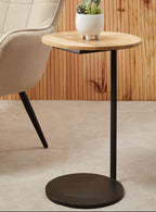 Natural Round Wooden Top C-Shaped Side Table Black Metal Base