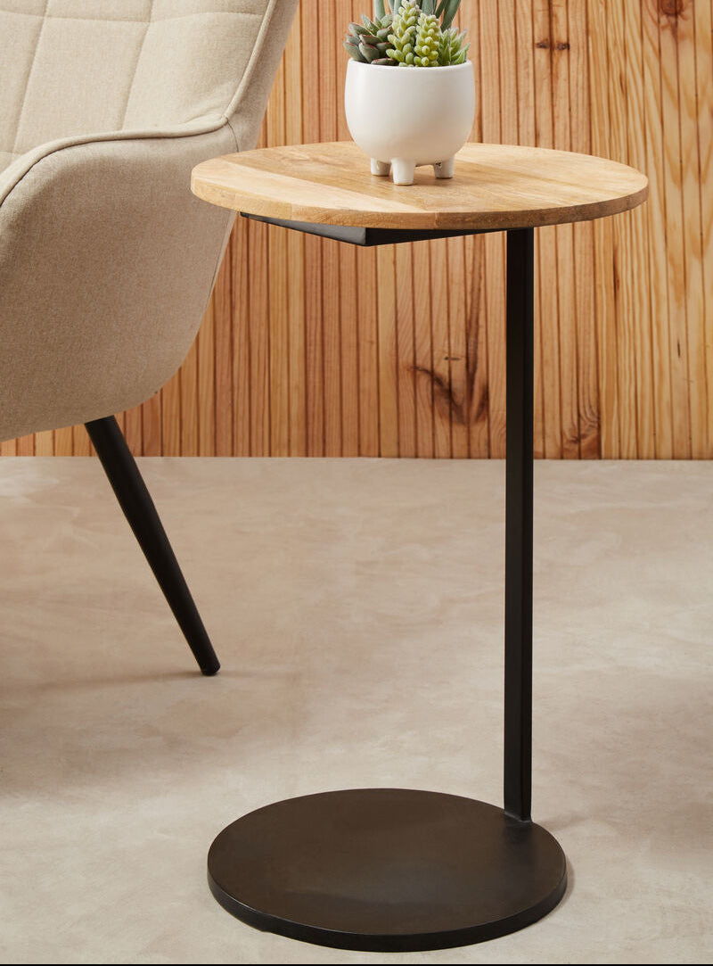 Natural Round Wooden Top C-Shaped Side Table Black Metal Base