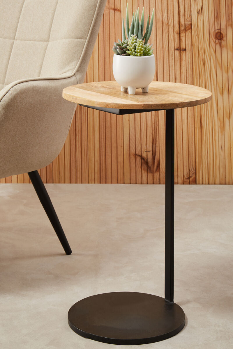 Natural Round Wooden Top C-Shaped Side Table Black Metal Base