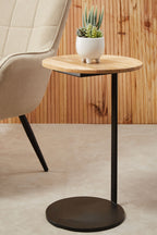 Natural Round Wooden Top C-Shaped Side Table Black Metal Base