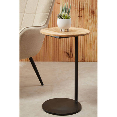 Natural Round Wooden Top C-Shaped Side Table Black Metal Base
