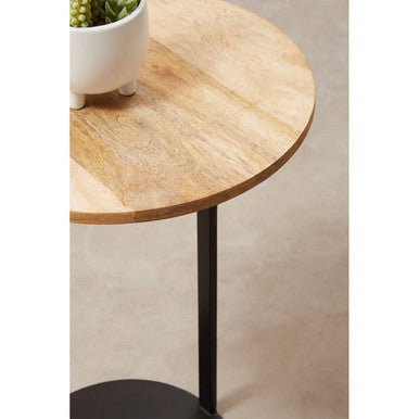 Natural Round Wooden Top C-Shaped Side Table Black Metal Base