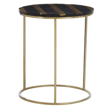 Black and Gold Striped Acacia Wood Round Coffee Table with Interconnected Metal Legs
