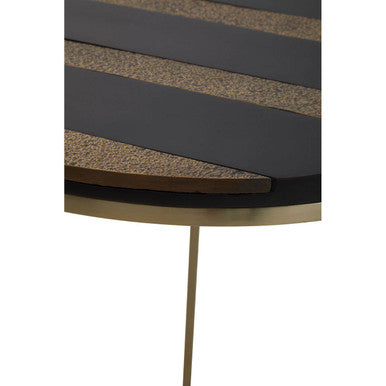Black and Gold Striped Acacia Wood Round Coffee Table with Interconnected Metal Legs