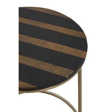 Black and Gold Striped Acacia Wood Round Coffee Table with Interconnected Metal Legs