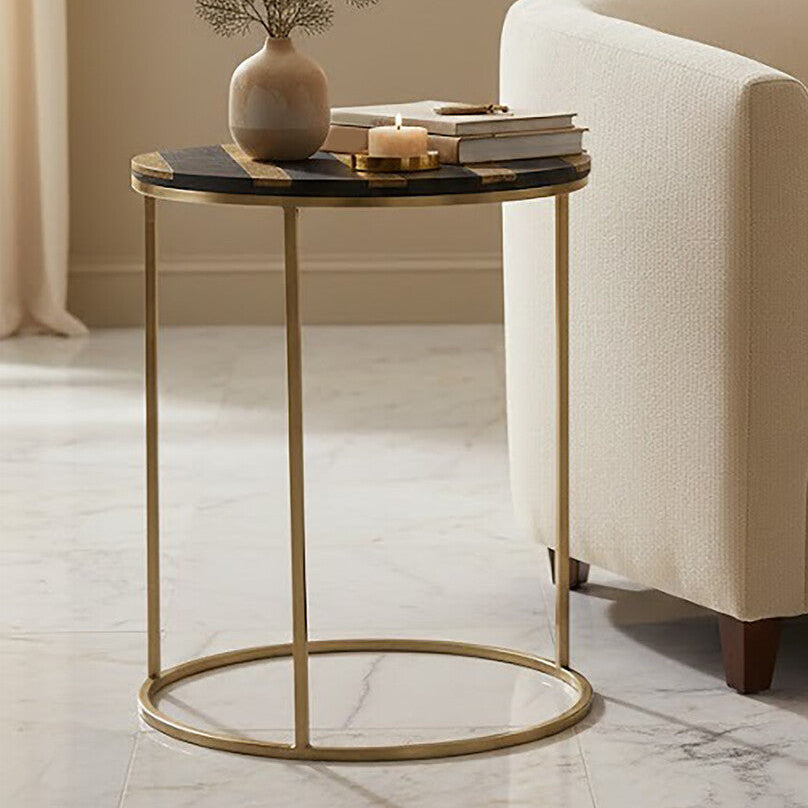 Black and Gold Striped Acacia Wood Round Coffee Table with Interconnected Metal Legs