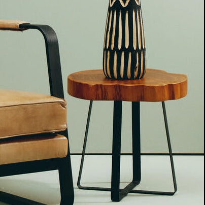 Natural Teak Wood Live Edge Side Table with Black Finish Legs