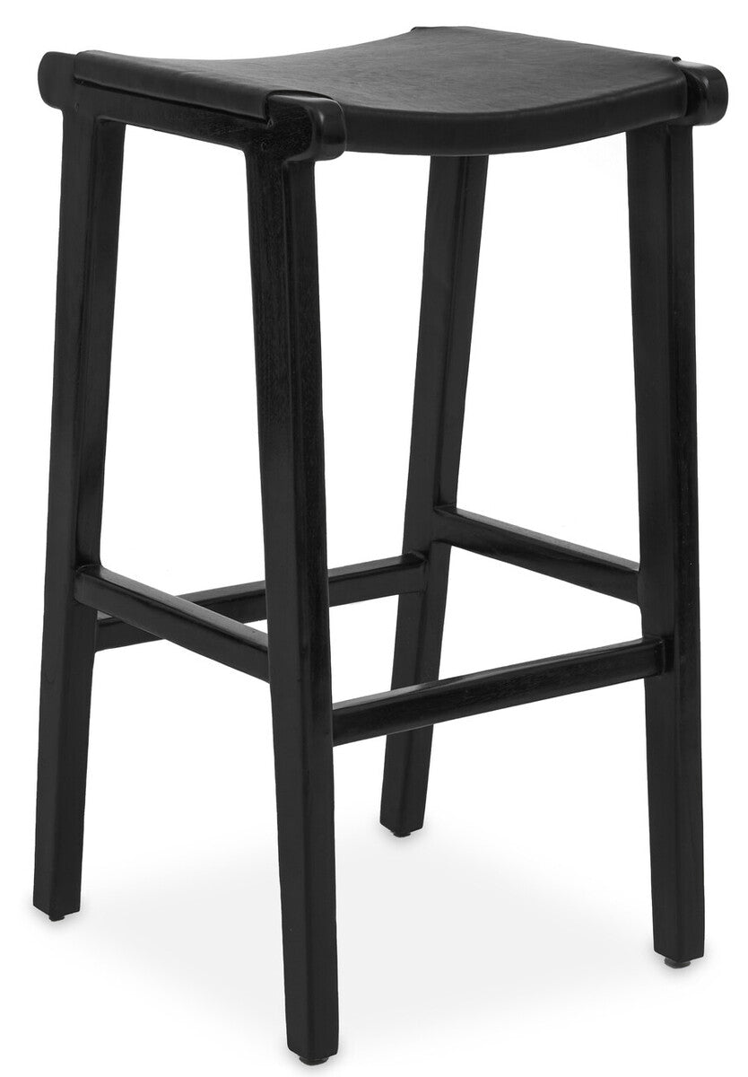 Black Leather and Teak Barstool