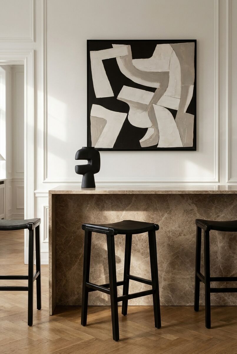 Black Leather and Teak Barstool
