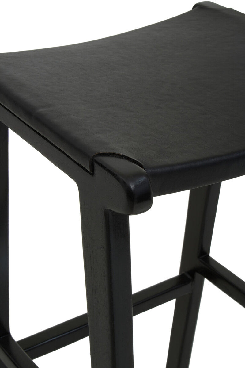 Black Leather and Teak Barstool