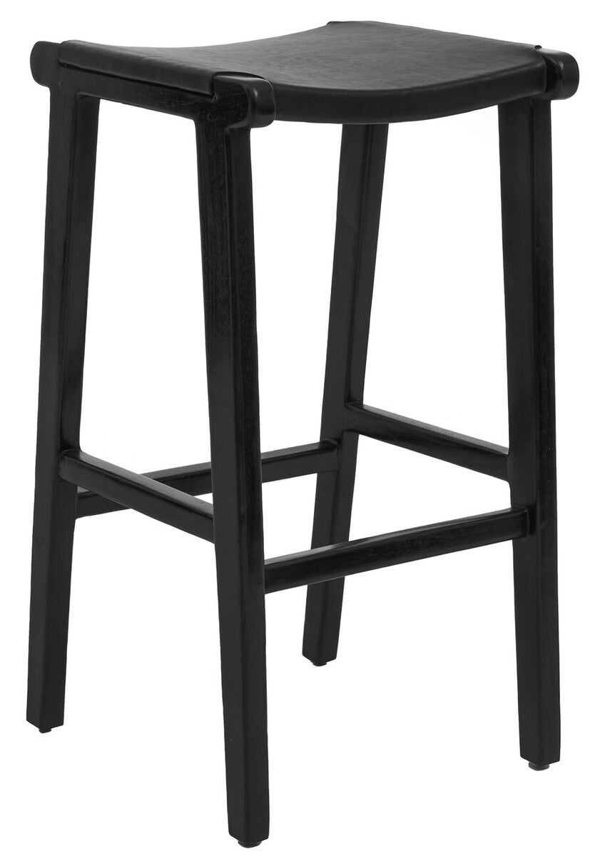 Black Leather and Teak Barstool