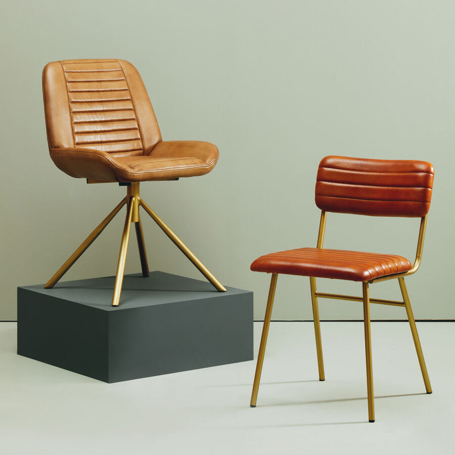 Brown Genuine Leather Chair with Gold Finish Legs