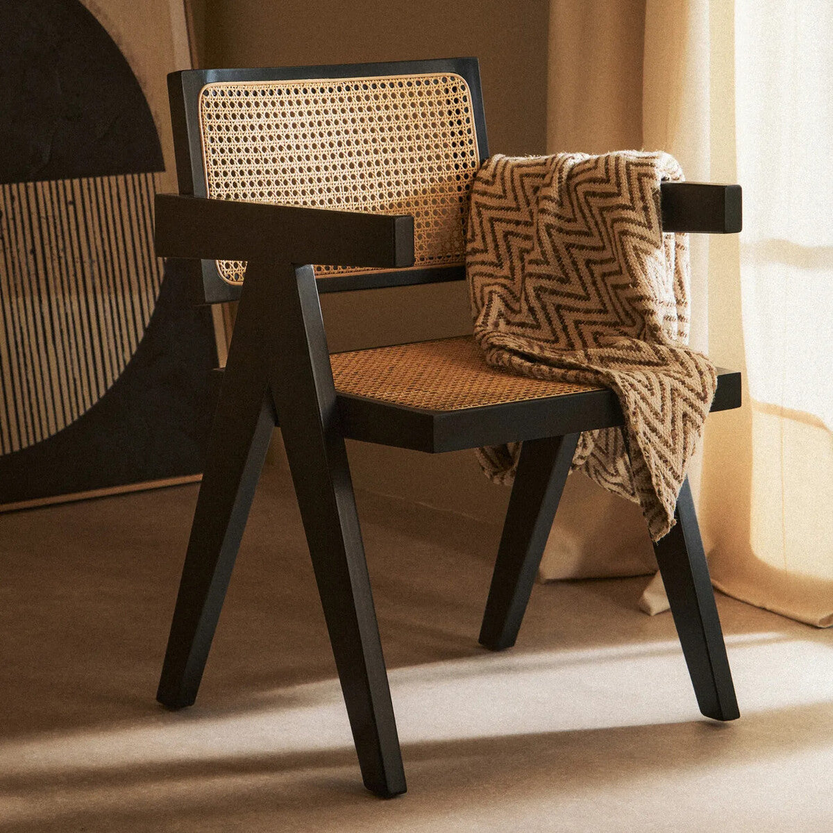 Natural Cane and Black Beech Wood Dining Chair