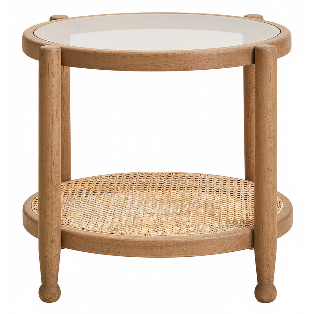 Grey Wash Elm Wood Side Table with Glass Top and Cane Shelf