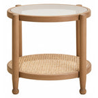 Grey Wash Elm Wood Side Table with Glass Top and Cane Shelf