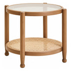 Grey Wash Elm Wood Side Table with Glass Top and Cane Shelf