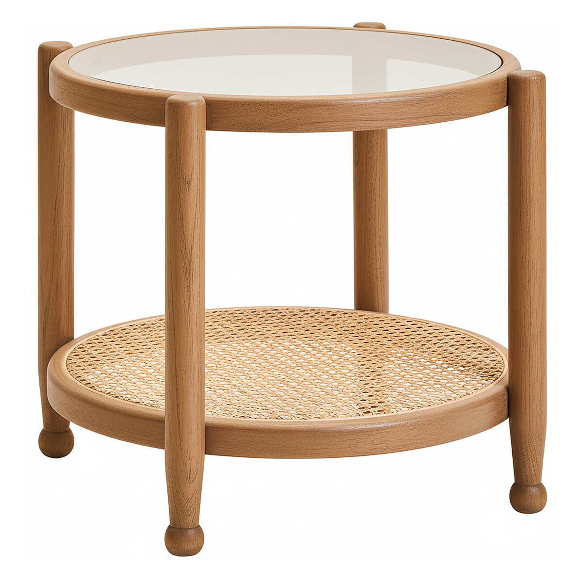 Grey Wash Elm Wood Side Table with Glass Top and Cane Shelf