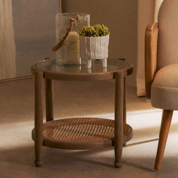 Grey Wash Elm Wood Side Table with Glass Top and Cane Shelf