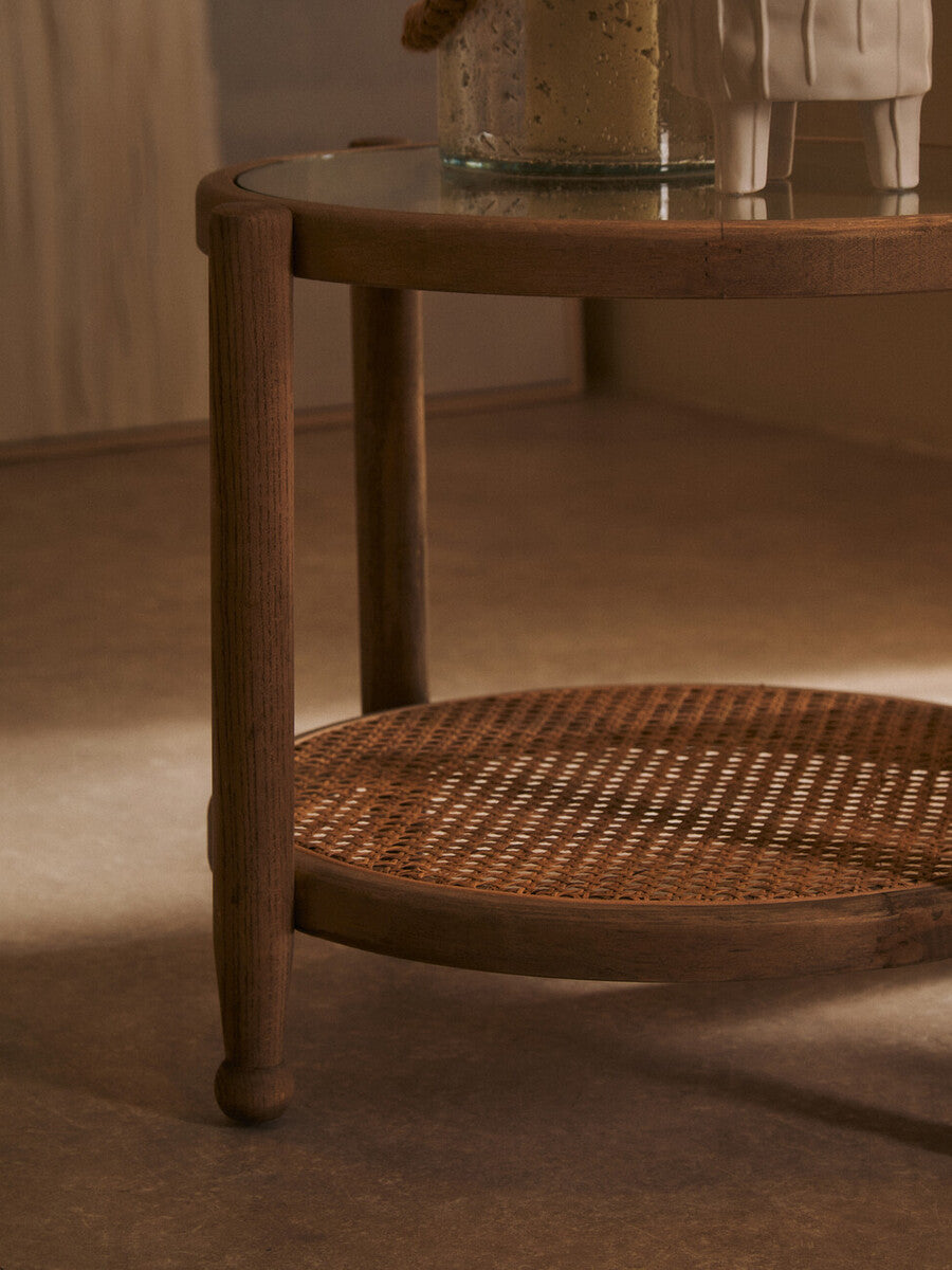 Grey Wash Elm Wood Side Table with Glass Top and Cane Shelf