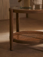 Grey Wash Elm Wood Side Table with Glass Top and Cane Shelf