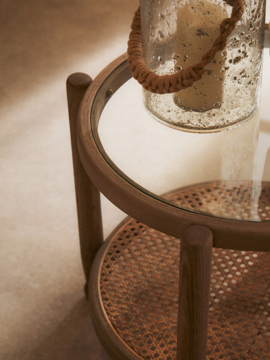 Grey Wash Elm Wood Side Table with Glass Top and Cane Shelf