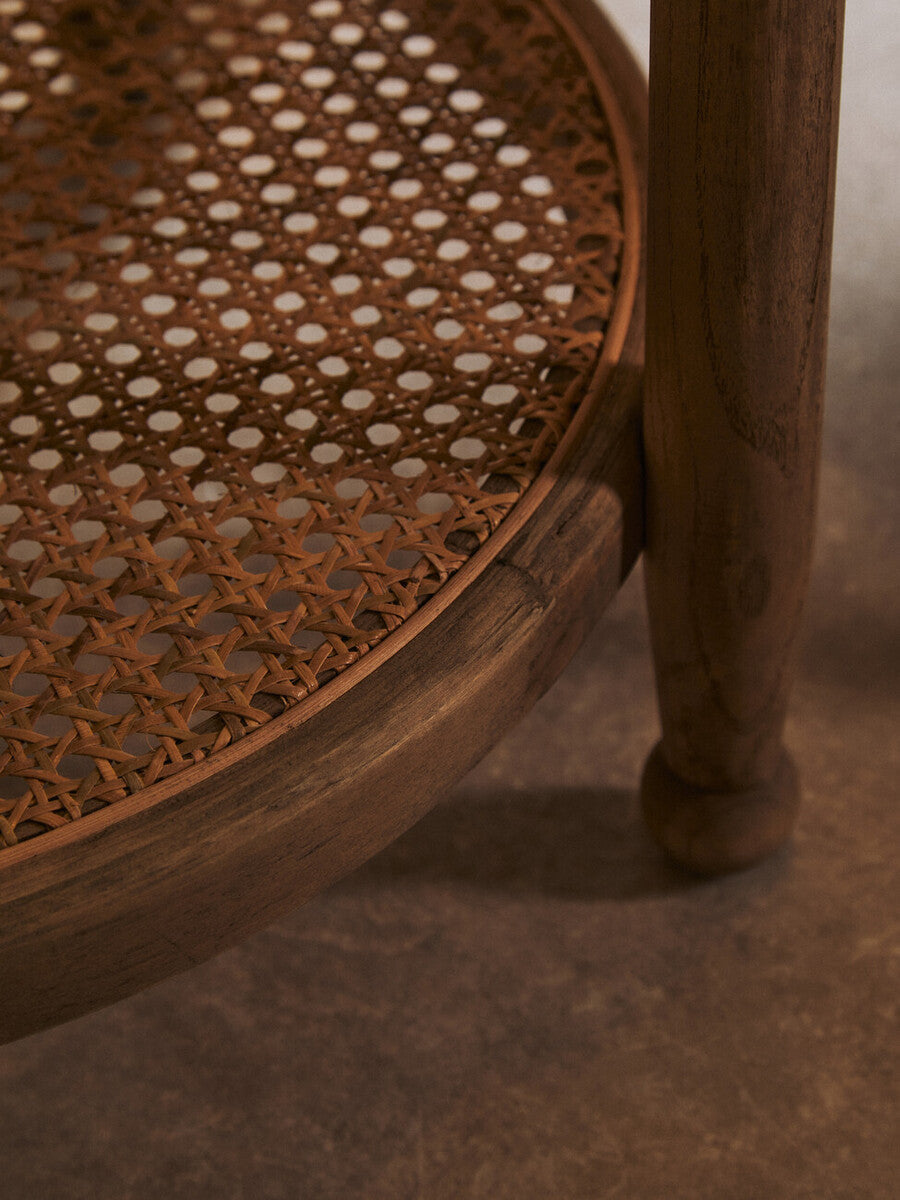 Grey Wash Elm Wood Side Table with Glass Top and Cane Shelf