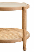 Grey Wash Elm Wood Side Table with Glass Top and Cane Shelf
