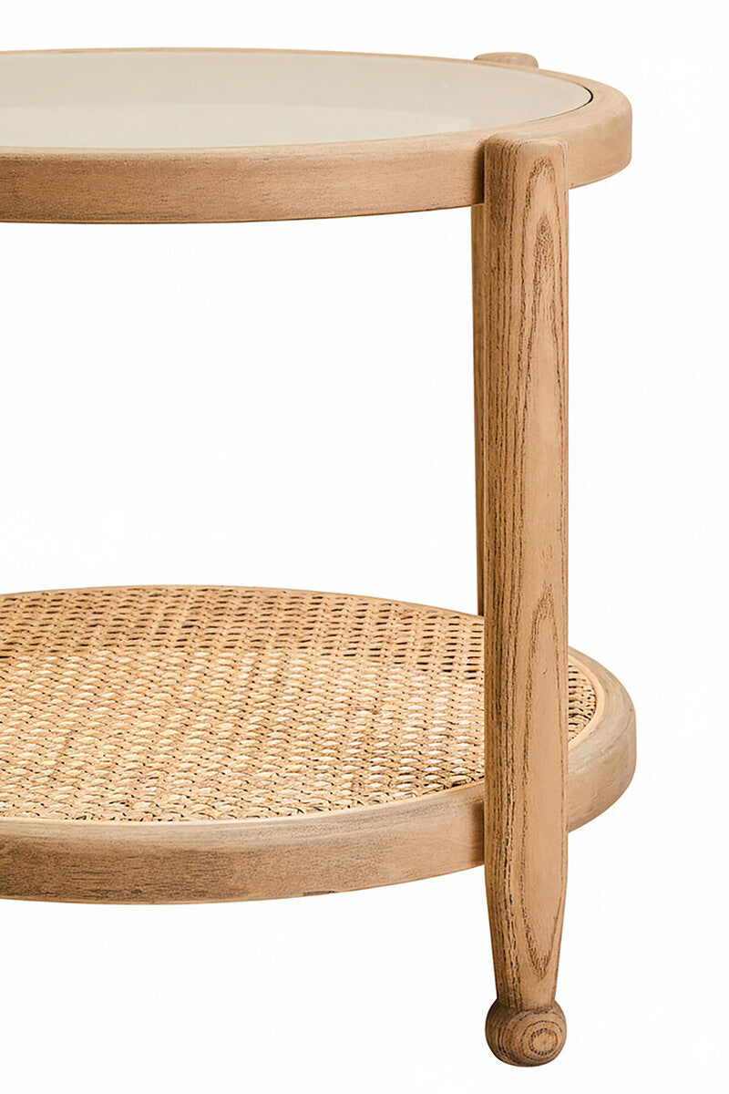 Grey Wash Elm Wood Side Table with Glass Top and Cane Shelf