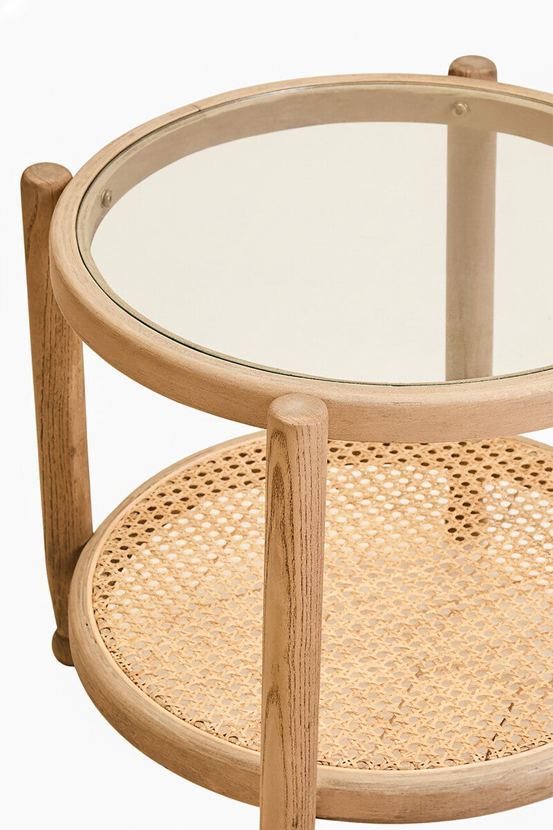 Grey Wash Elm Wood Side Table with Glass Top and Cane Shelf