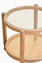 Grey Wash Elm Wood Side Table with Glass Top and Cane Shelf
