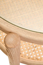 Grey Wash Elm Wood Side Table with Glass Top and Cane Shelf