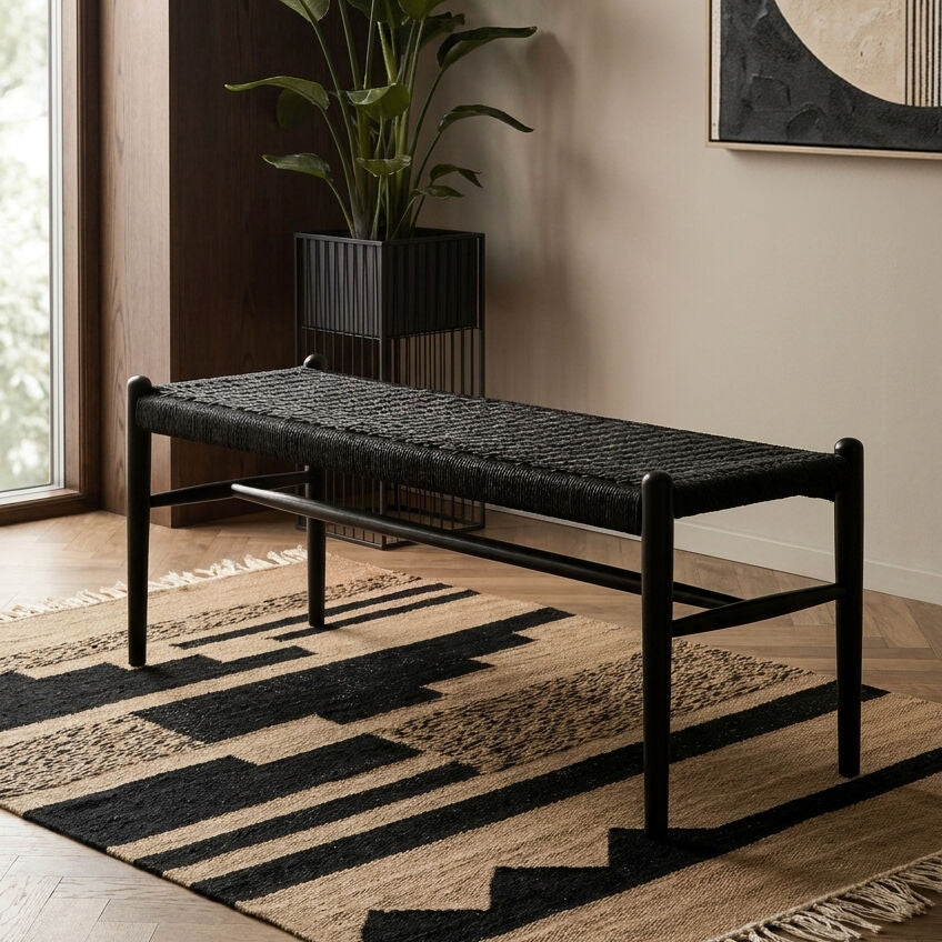 Black Rope and Elm Wood Bench with Rope Seat