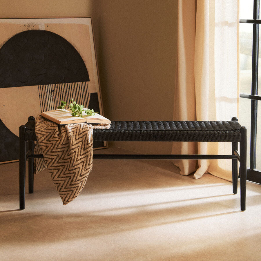 Black Rope and Elm Wood Bench with Rope Seat