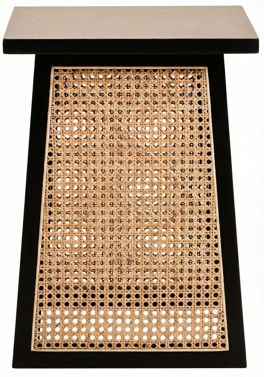 Black Elm Wood Side Table with Woven Natural Cane Panels