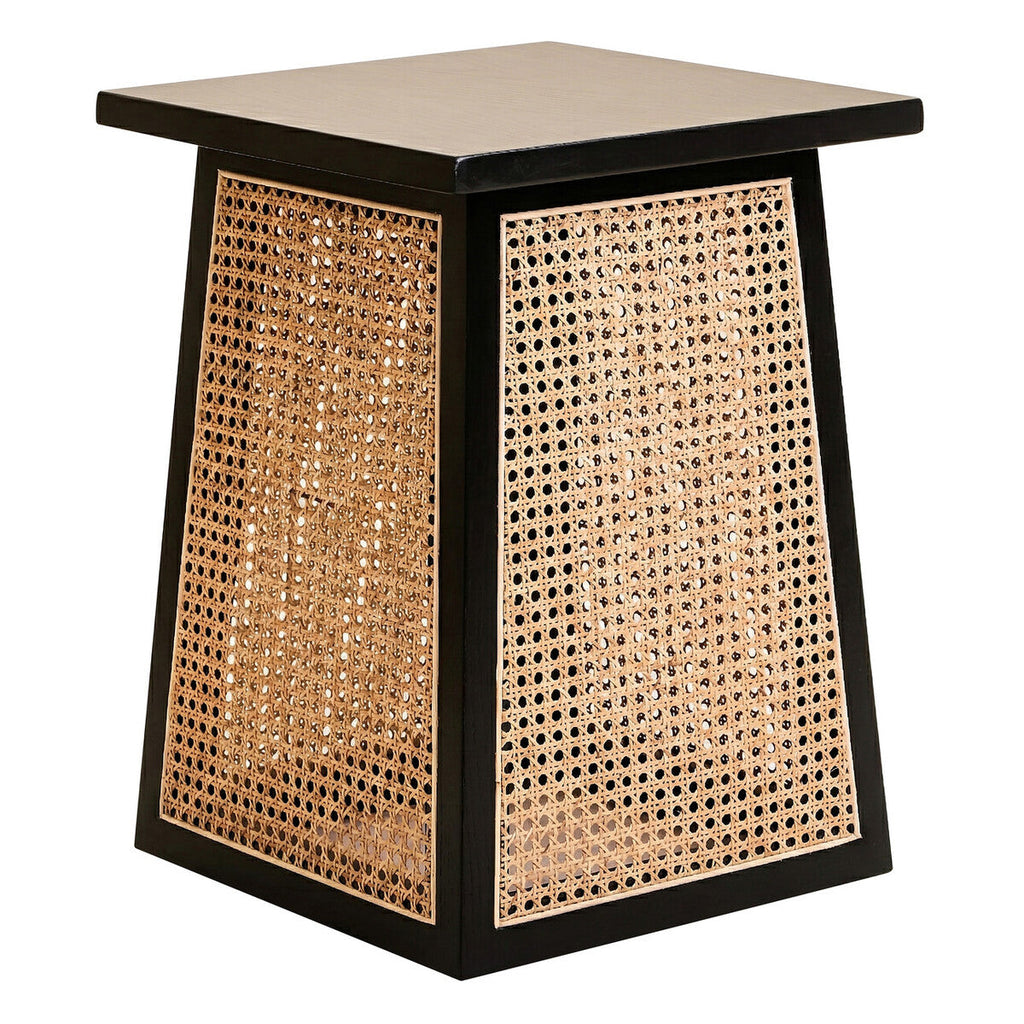 Black Elm Wood Side Table with Woven Natural Cane Panels