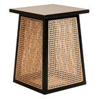 Black Elm Wood Side Table with Woven Natural Cane Panels