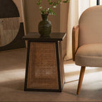 Black Elm Wood Side Table with Woven Natural Cane Panels