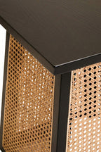 Black Elm Wood Side Table with Woven Natural Cane Panels