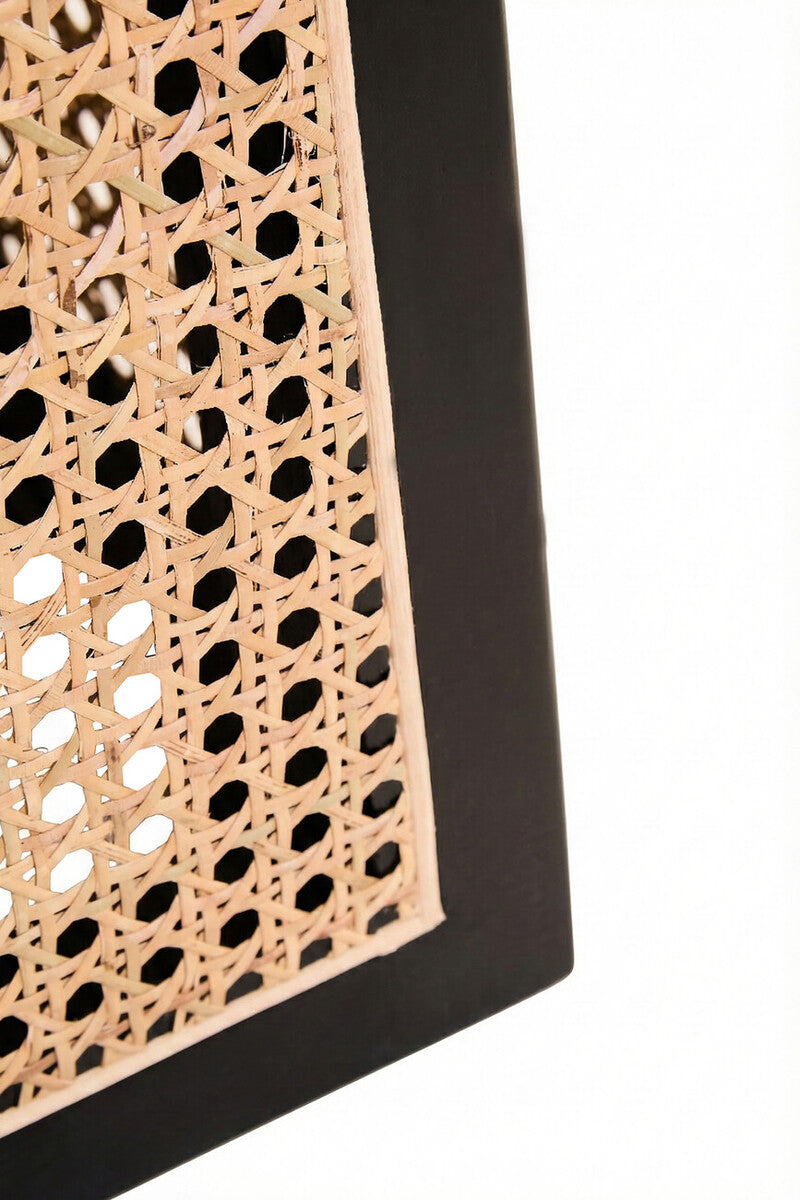 Black Elm Wood Side Table with Woven Natural Cane Panels
