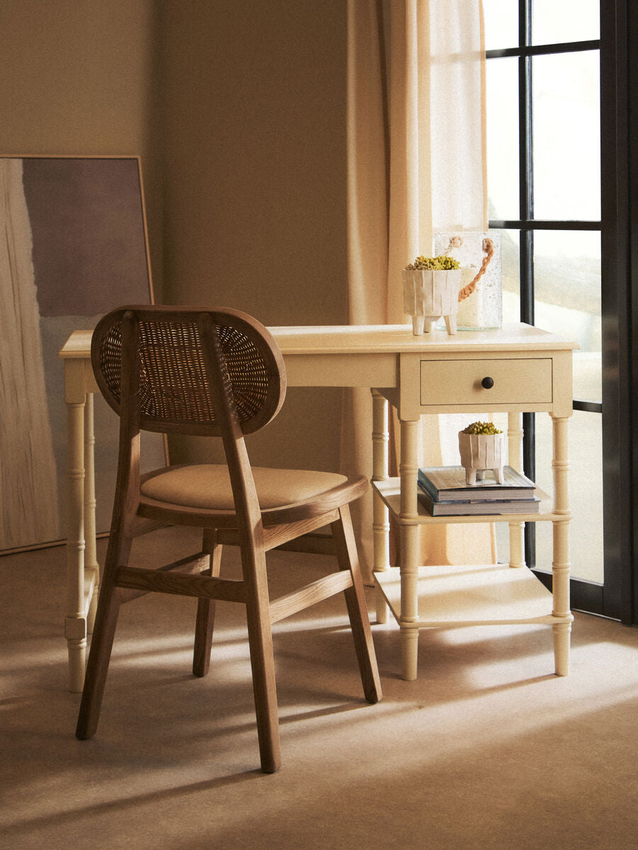 Beige Fabric and Grey Wash Elm Wood Dining Chair