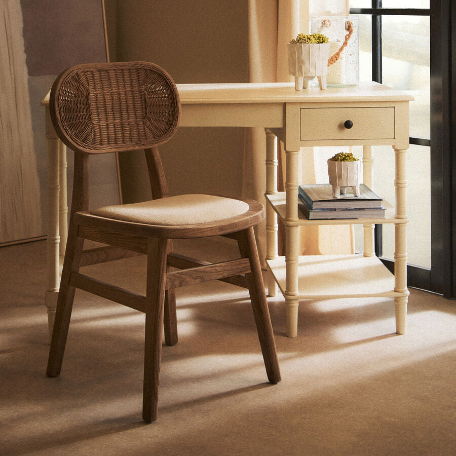 Beige Fabric and Grey Wash Elm Wood Dining Chair