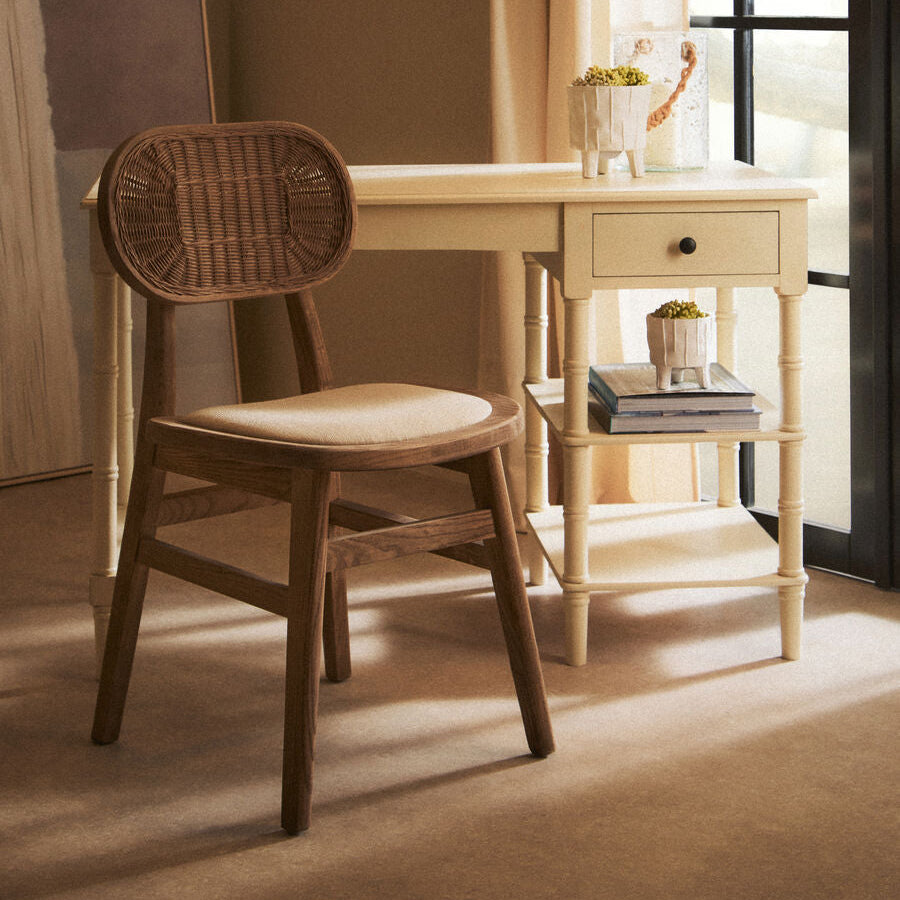 Beige Fabric and Grey Wash Elm Wood Dining Chair