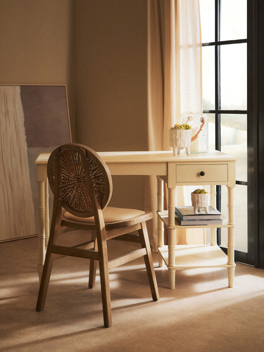 Beige Fabric and White Wash Elm Wood Dining Chair