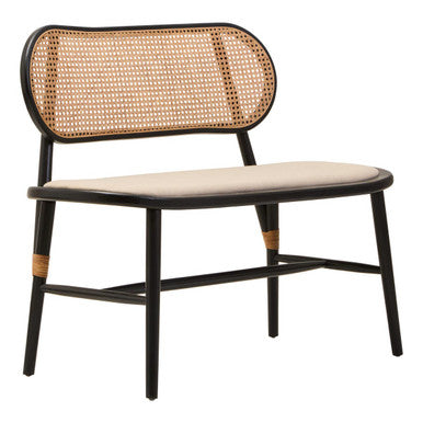Black Wood Bench with Rattan Backrest