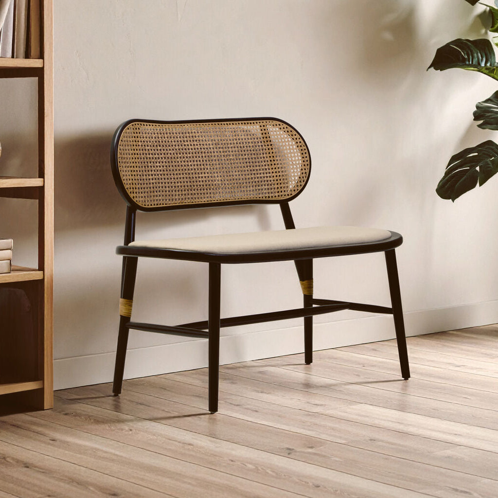 Black Wood Bench with Rattan Backrest